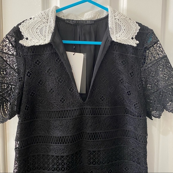 NWT Zara Black Lace Collared Shift A Line Dress XS - Picture 5 of 14